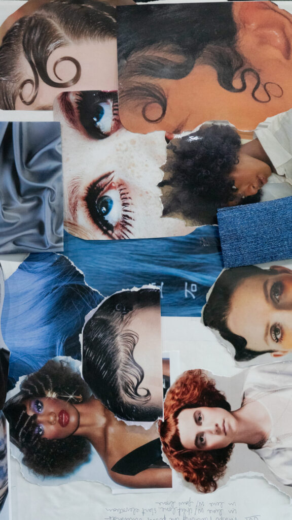 Collage of sculpted waves, curly hairstyles, makeup, and blue fabric textures on a beauty inspiration board.